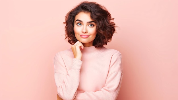 Woman With Curly Hair in Pink Sweater