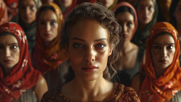 a woman with curly hair and a red head scarf stands in front of a group of other women