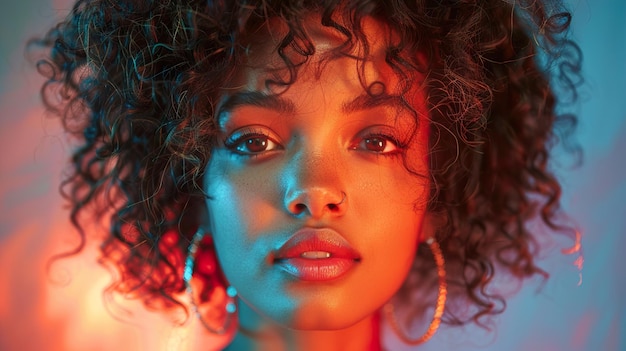 a woman with curly hair and a red light behind her