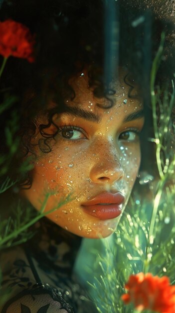 a woman with curly hair and a red lips is standing in the grass