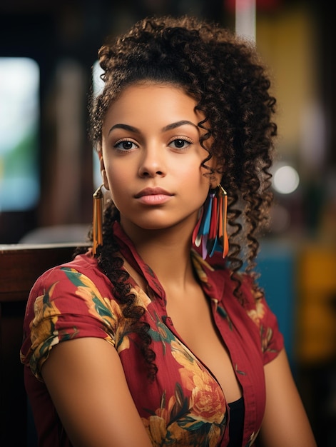 a woman with curly hair and a red