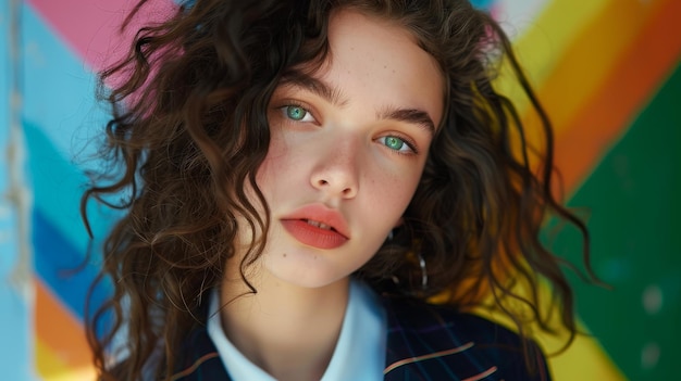 a woman with curly hair and a shirt with a blue eyeshadow