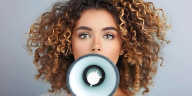 Photo woman with curly hair shouting through a megaphone concept lifestyle communication activation vocal expression empowerment