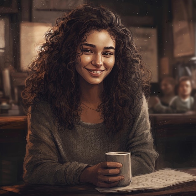 A woman with curly hair sits at a table with a cup of coffee.