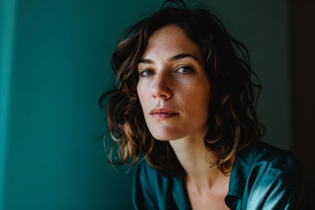 A woman with curly hair sitting in front of a blue wall