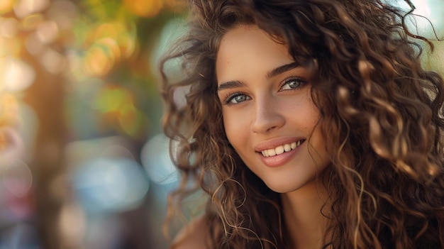 a woman with curly hair and a smile