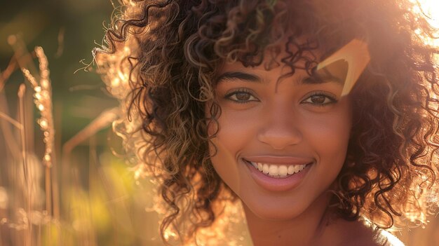 a woman with curly hair and a smile