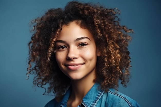 A woman with curly hair smiles in a blue denim jacket.