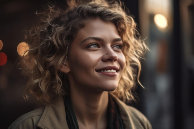 A woman with curly hair smiles at the camera.