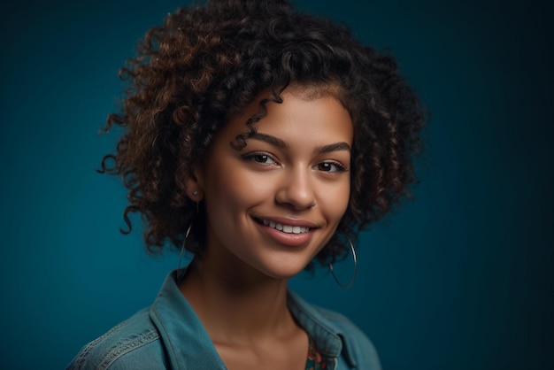 A woman with curly hair smiles in front of a dark background.