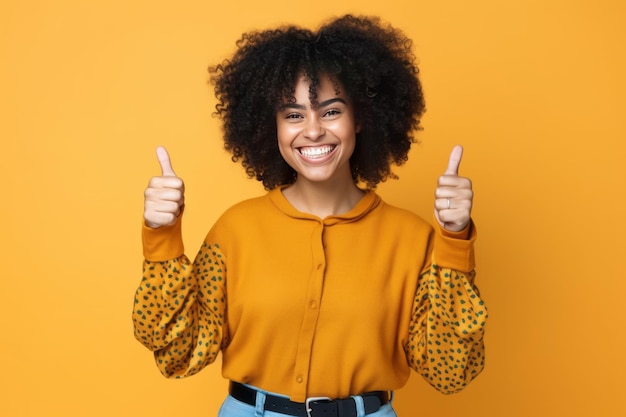 A woman with curly hair smiles and shows a thumbs up sign.