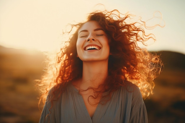 Woman with curly hair smiles at sunset in field Generative AI