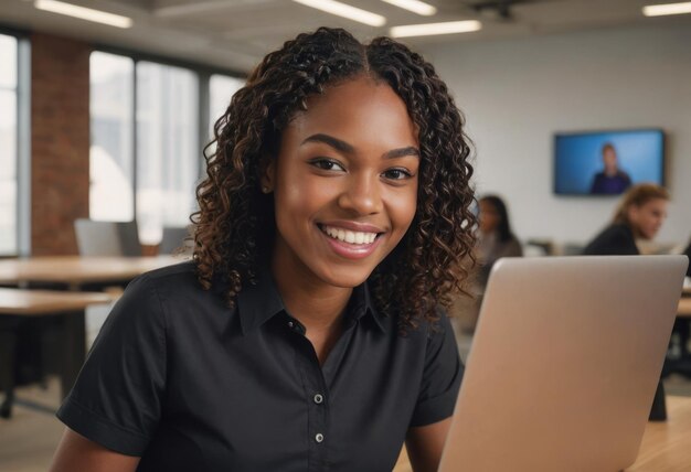 A woman with curly hair smiles working on a laptop the office setting is busy and vibrant