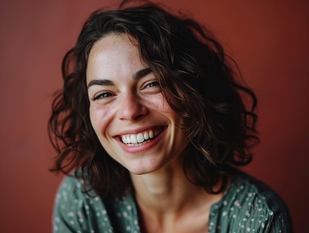 A woman with curly hair smiling at the camera