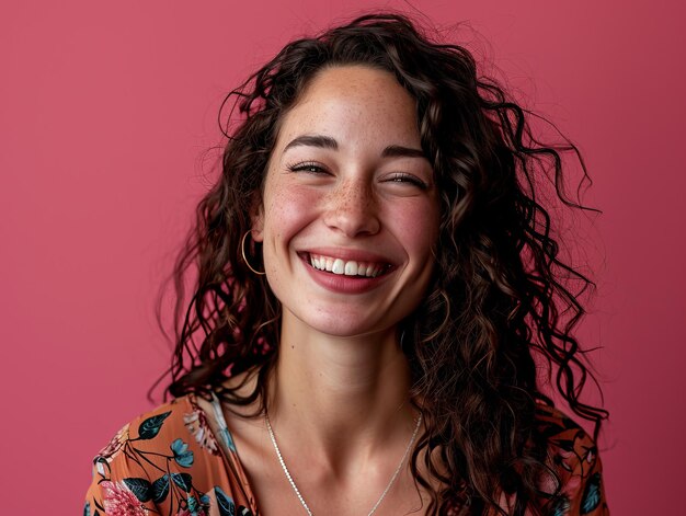 A woman with curly hair smiling at the camera