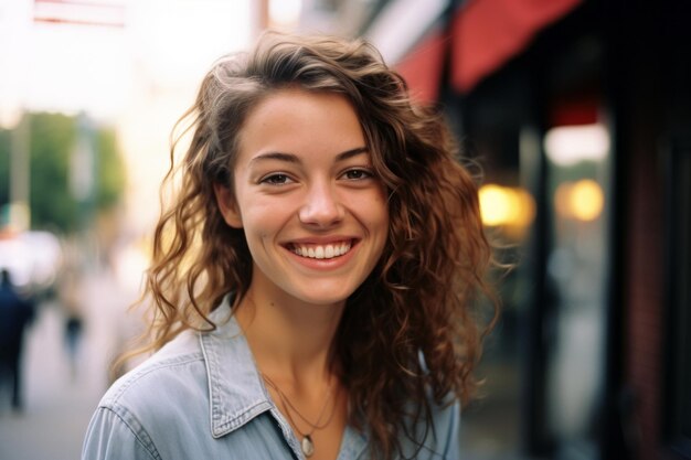 a woman with curly hair smiling in a city