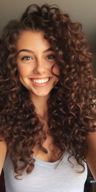 a woman with curly hair smiling in front of a mirror.