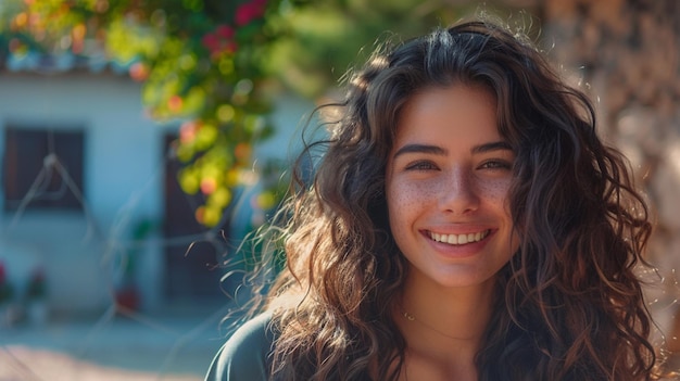 a woman with curly hair smiling in front of a tree