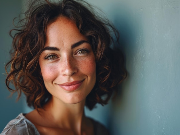 A woman with curly hair smiling and looking at the camera