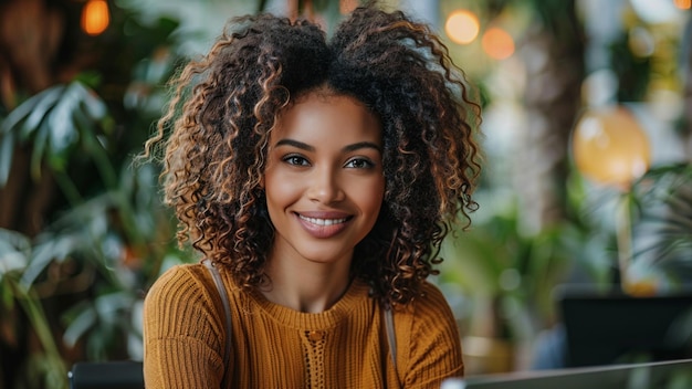 a woman with curly hair smiling at a table