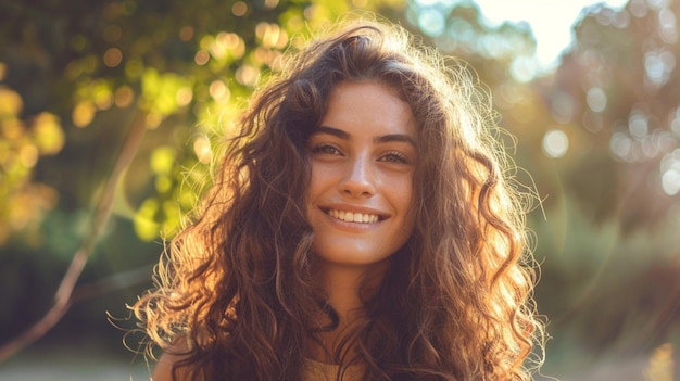 a woman with curly hair smiling with the sun shining on her face