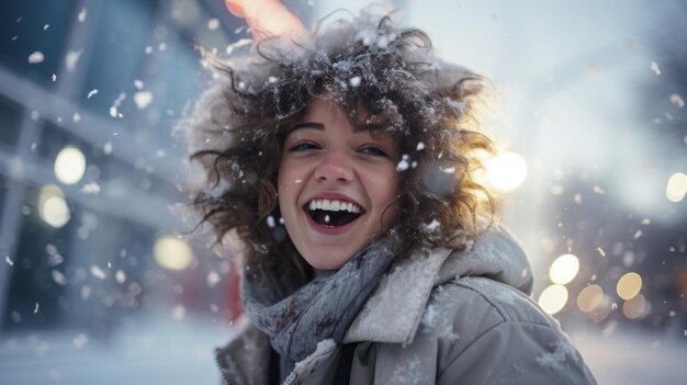 Photo a woman with curly hair and snow on her head