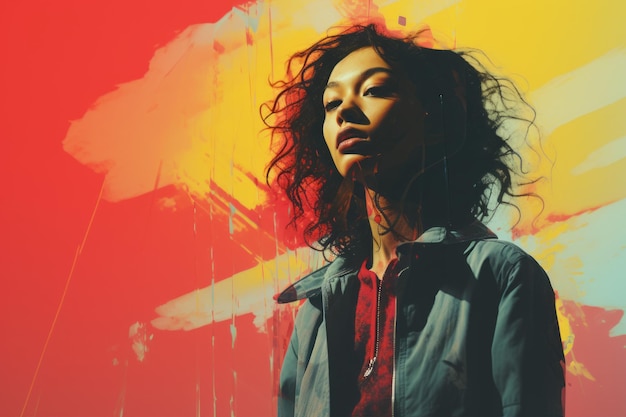 a woman with curly hair standing in front of a colorful background