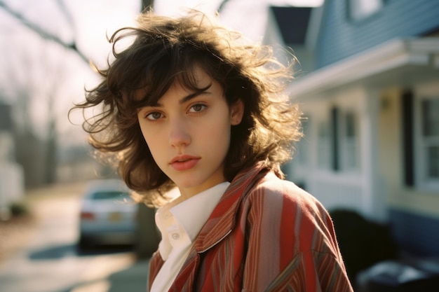 a woman with curly hair standing in front of a house