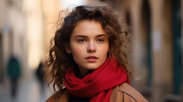 A woman with curly hair stands in an alley.