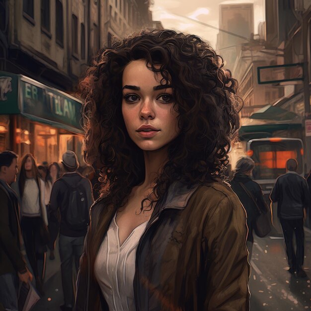 A woman with curly hair stands in a busy street in front of a store called starbucks.