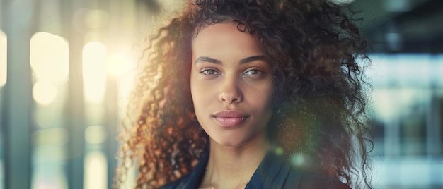 A woman with curly hair stands confidently illuminated by natural sunlight filtering through a modern buildings glass windows in the background