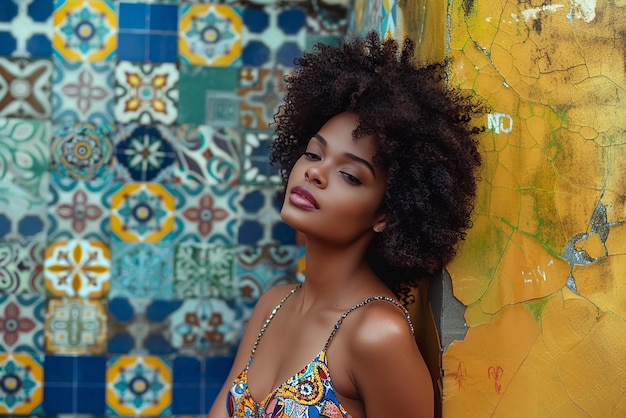 Photo a woman with curly hair stands in front of a colorful mosaic wall