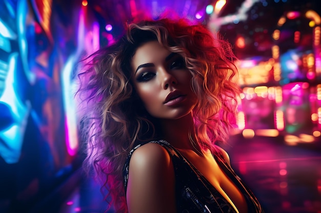 a woman with curly hair stands in front of a colorful neon sign nightlife beauty photography