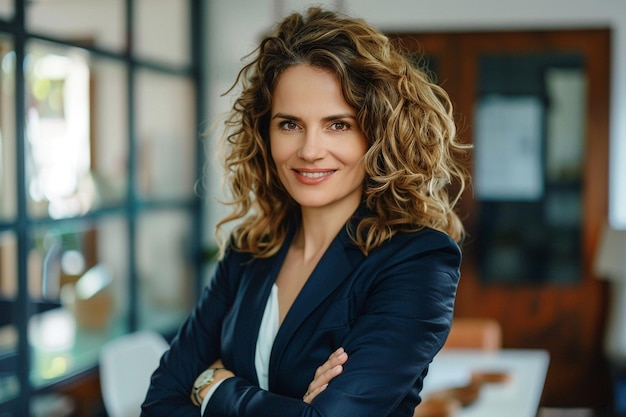 a woman with curly hair stands in front of a desk with her arms crossed