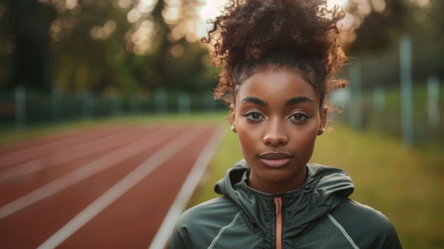 a woman with curly hair stands on a track with the sun shining on her face