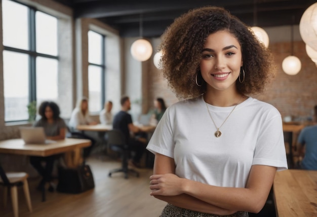 A woman with curly hair stands with crossed arms in the office her confidence palpable team members