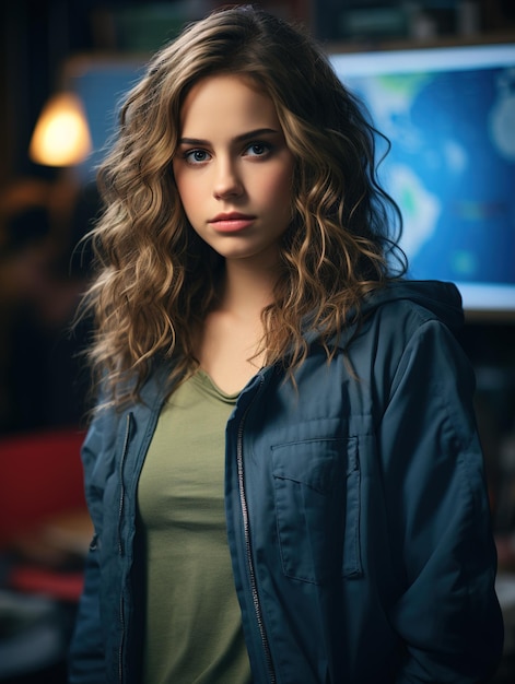 a woman with curly hair stands