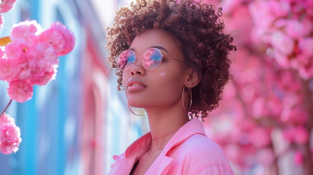 a woman with curly hair and sunglasses is wearing a pink shirt