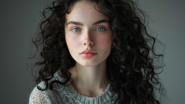 a woman with curly hair and a sweater is standing in front of a white wall