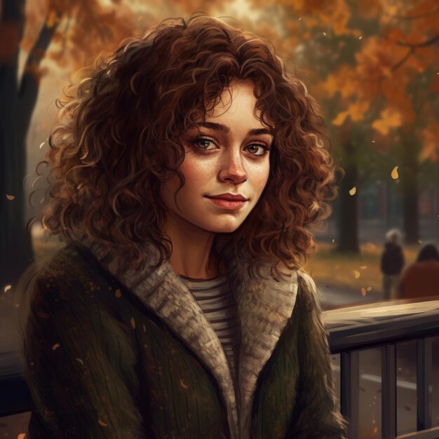 A woman with curly hair and a sweater that says'autumn'on it