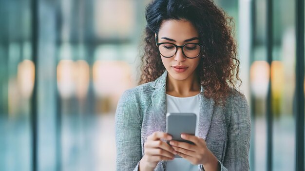 Woman with Curly Hair Using Smartphone in an Office Setting