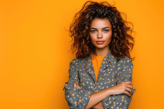 Photo a woman with curly hair wearing a blazer suitable for business or professional use