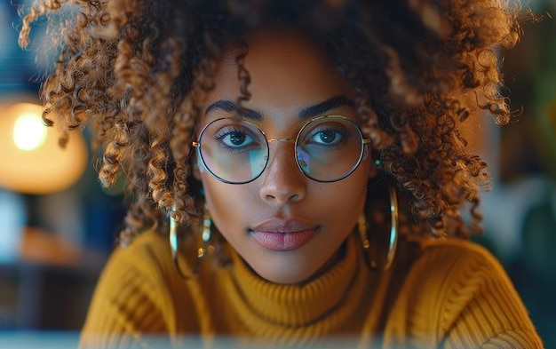 Woman With Curly Hair Wearing Glasses Looks Into Camera