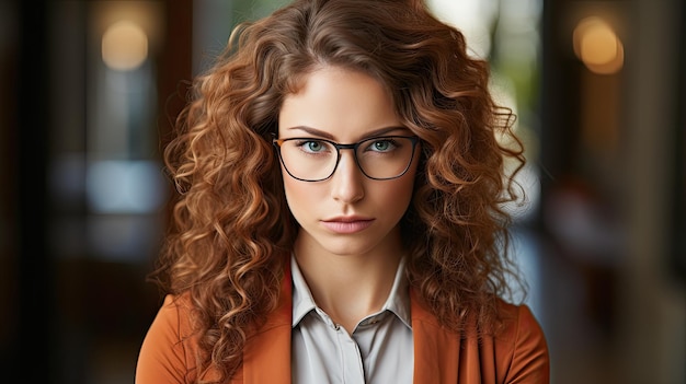 a woman with curly hair wearing glasses