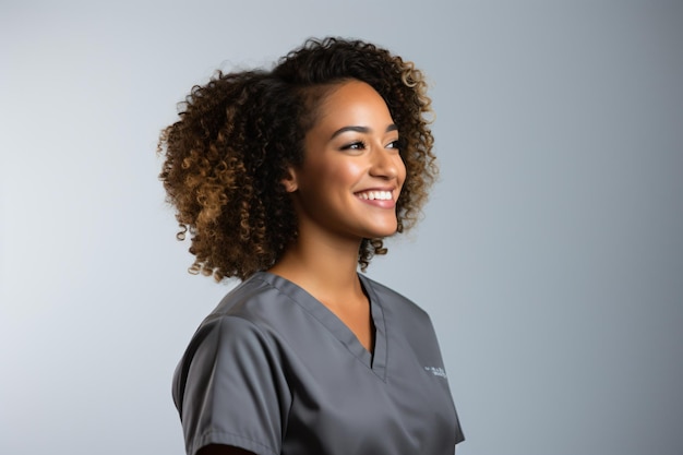 a woman with curly hair wearing a grey scrub suit