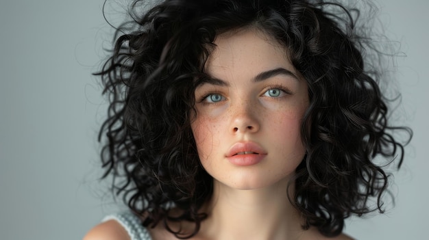 a woman with curly hair and a white dress is posing for a picture