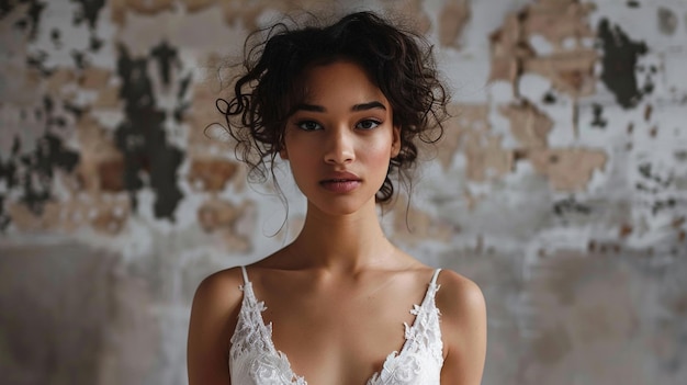 a woman with curly hair and a white dress