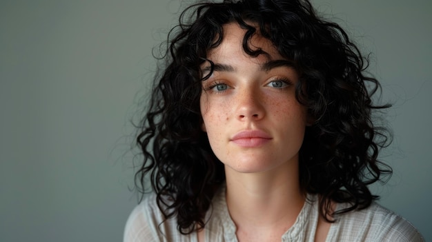 a woman with curly hair and a white shirt is posing for a picture