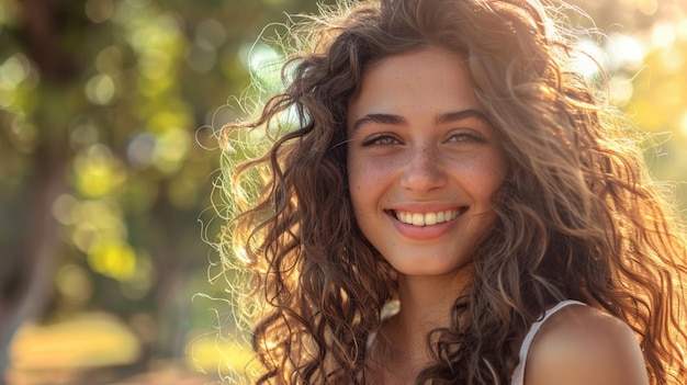 a woman with curly hair and a white shirt is smiling