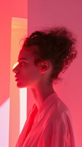 a woman with curly hair and a white shirt is standing in front of a red light